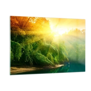 Glasbild - Bild auf glas - Sonnenstrahlen über der grünen Vegetation am Fluss - 120x80cm - In Sonne und Schatten ertrinken - Moderne Wanddekoration für Wohnzimmer und Schlafzimmer ARTTOR