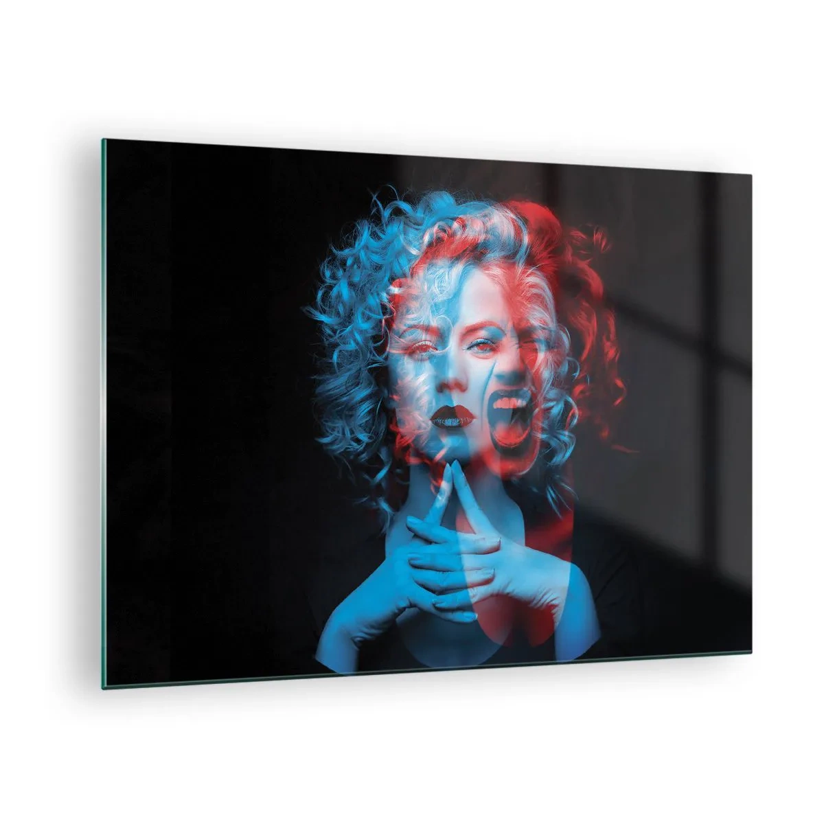 Glasbild - Bild auf glas - Frauenportrait mit Farbwechseleffekt, in Blau- und Rottönen - 70x50cm - Alter Ego - Moderne Wanddekoration für Wohnzimmer und Schlafzimmer ARTTOR