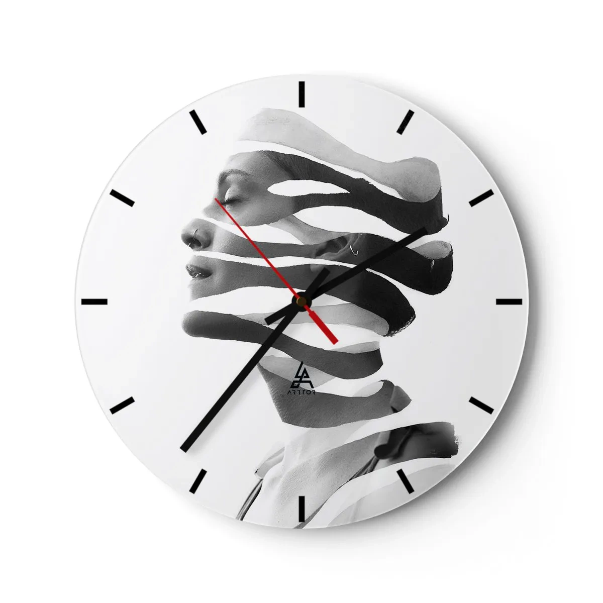 Wanduhr - Glasuhr - Abstraktes Porträt einer Frau in Schwarzweiß - 30x30cm - Surreales Porträt - Moderne Wanddekoration für Wohnzimmer, Küche und Schlafzimmer ARTTOR