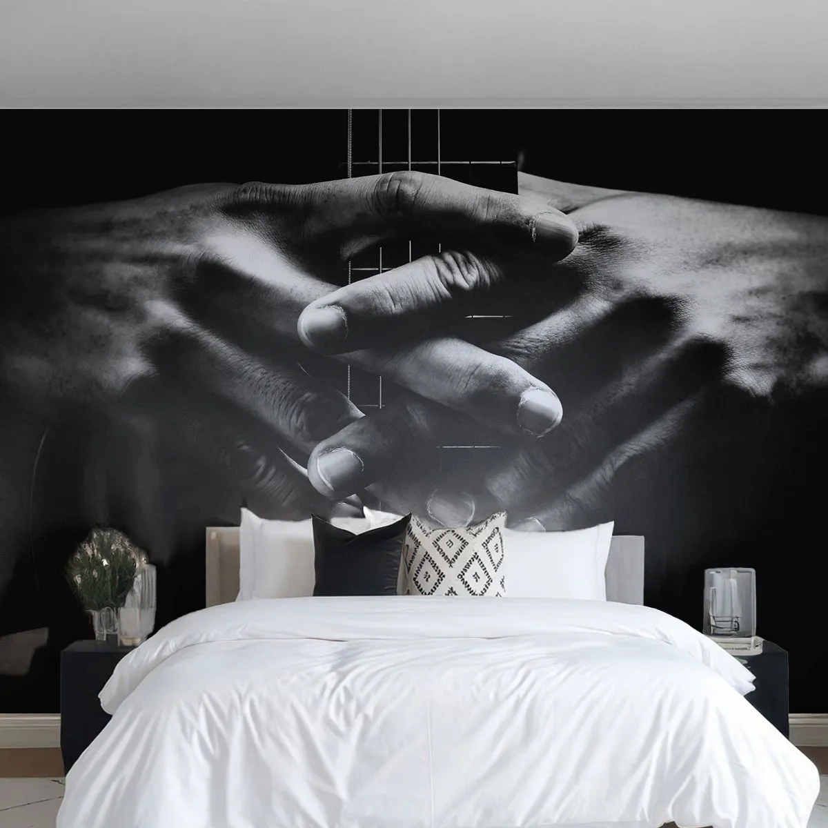 Fototapete Premium Sand - Hände wölben sich auf einem Gitarrenhals in Schwarz und Weiß - 100x70cm - Gebet des Künstlers - Moderne Wanddekoration für Wohnzimmer und Schlafzimmer ARTTOR