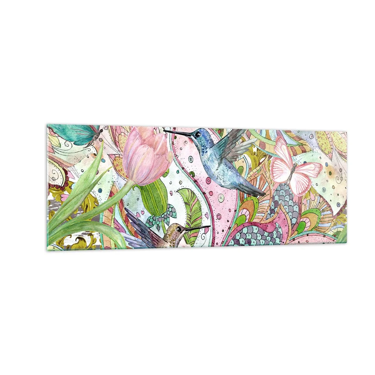 Glasbild - Bild auf glas - Bunte Kolibris und Schmetterlinge zwischen den Pflanzen - 140x50cm - Verstrickt in Weinreben - Moderne Wanddekoration für Wohnzimmer und Schlafzimmer ARTTOR