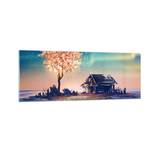 Glasbild - Bild auf glas - Ein Haus und ein blühender Baum unter dem Nachthimmel - 140x50cm - Die Natur vergeht nicht - Moderne Wanddekoration für Wohnzimmer und Schlafzimmer ARTTOR