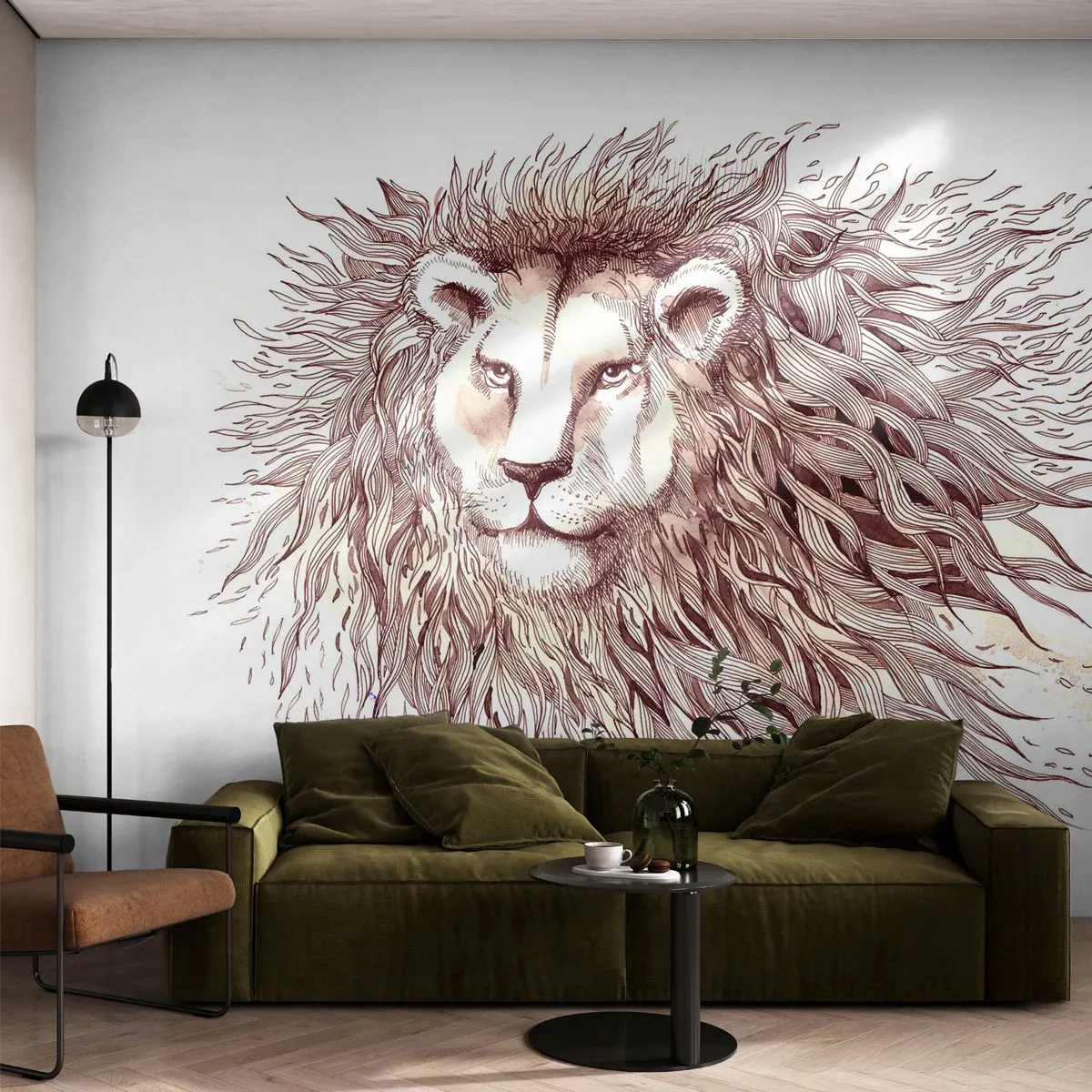 Fototapete Premium Sand - Ein majestätischer Löwe in einer stilisierten, künstlerischen Illustration - 100x70cm - Ein feuriger Herrscher - Moderne Wanddekoration für Wohnzimmer und Schlafzimmer ARTTOR