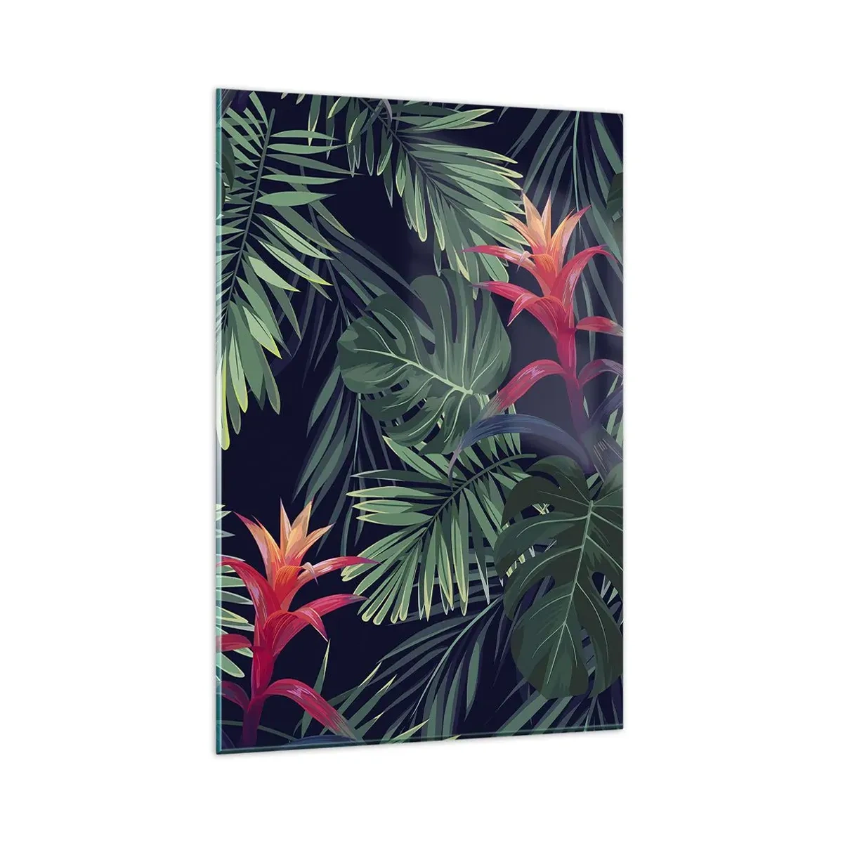 Glasbild - Bild auf glas - Tropische Blätter und Blüten auf dunklem Hintergrund - 80x120cm - Im Grünen in Flammen gehen - Moderne Wanddekoration für Wohnzimmer und Schlafzimmer ARTTOR