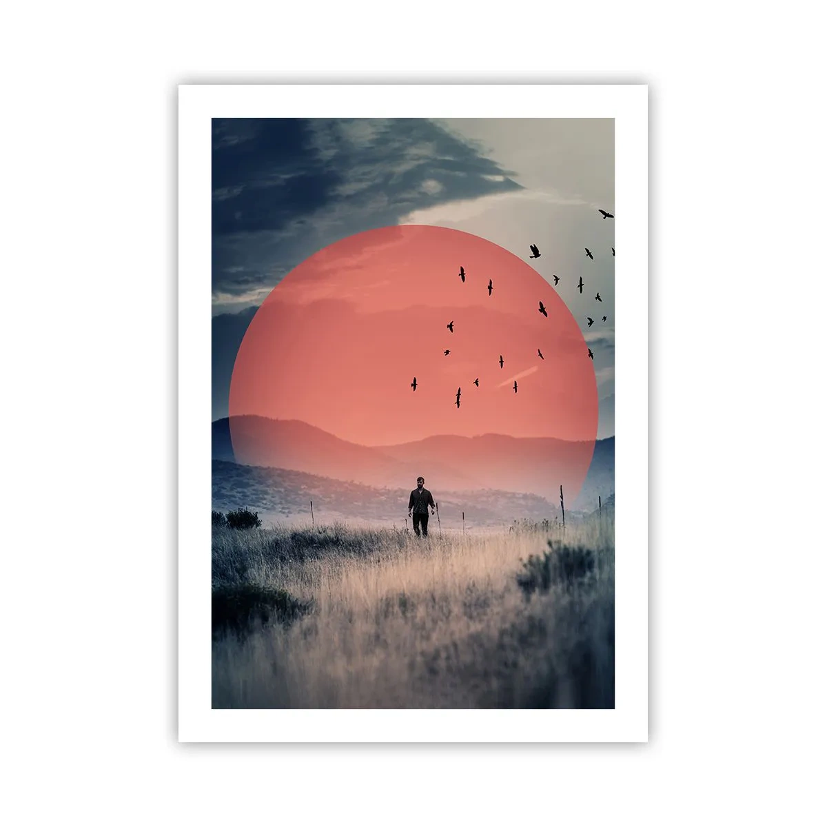 Poster - Ein Mann, der vor der roten Sonne durch ein Feld geht - 50x70cm - In eigenen Elementen - Moderne Wanddekoration für Wohnzimmer und Schlafzimmer ARTTOR