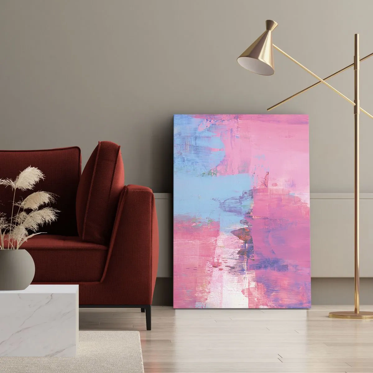 Bild auf Leinwand - Leinwandbild - Abstrakte Komposition in Pink und Blau - 50x70cm - Rosa, Blau und eine Prise Licht - Moderne Wanddekoration für Wohnzimmer und Schlafzimmer ARTTOR
