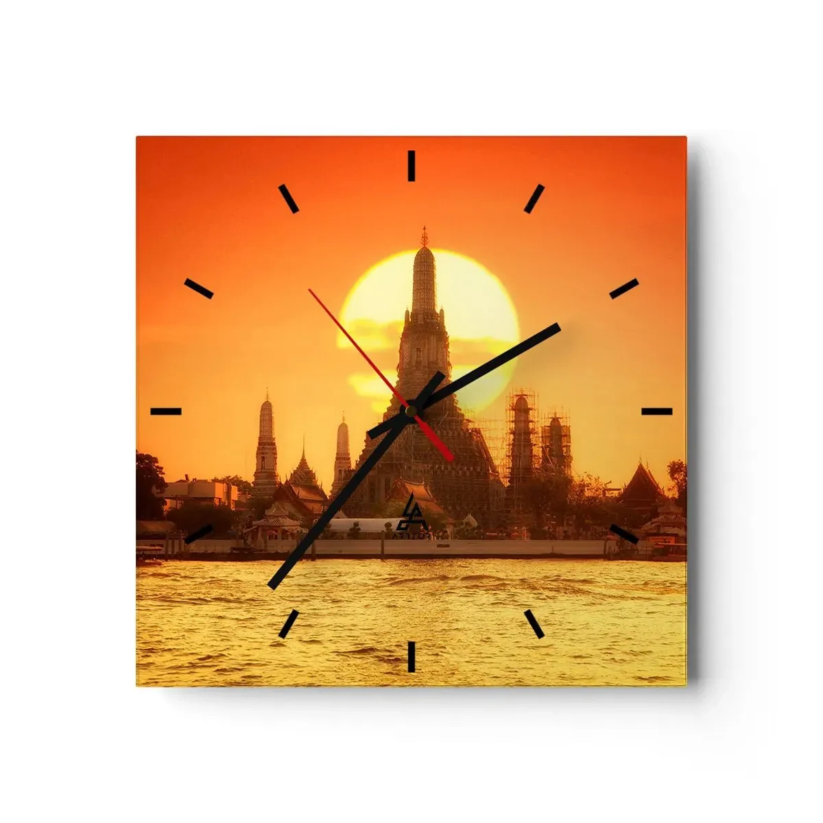 Wanduhr - Glasuhr - Sonnenuntergang über dem Tempel mit Spiegelbild im Wasser - 30x30cm - Der Sonne entgegen, immer der Sonne entgegen - Moderne Wanddekoration für Wohnzimmer und Schlafzimmer ARTTOR