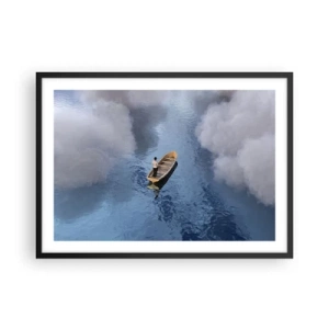Poster in einem schwarzem Rahmen - Ein Mann in einem Boot auf einem ruhigen Meer, umgeben von Wolken - 70x50cm - Leben – Reise – unbekannt - Moderne Wanddekoration für Wohnzimmer und Schlafzimmer ARTTOR