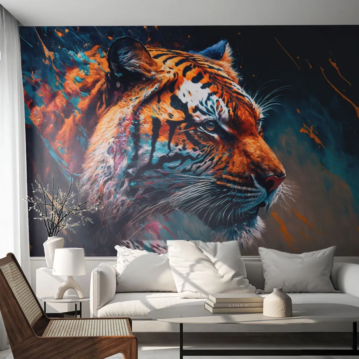 Fototapete Premium Sand - Porträt eines Tigers im künstlerischen Stil mit dynamischen Farben - 100x70cm - Wilde Schönheit - Moderne Wanddekoration für Wohnzimmer und Schlafzimmer ARTTOR