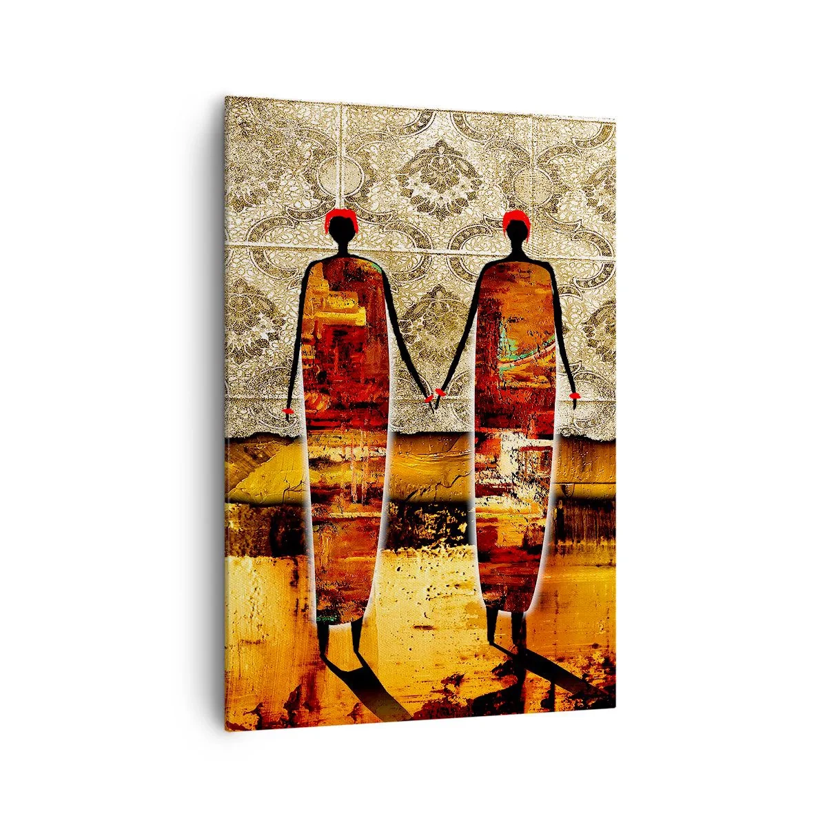 Bild auf Leinwand - Leinwandbild - Ein abstraktes Figurenpaar vor einem Hintergrund aus goldenen Mustern und einer Landschaft. - 70x100cm - Ethnische Zusammensetzung in den Farben Afrikas - Moderne Wanddekoration für Wohnzimmer und Schlafzimmer ARTTOR