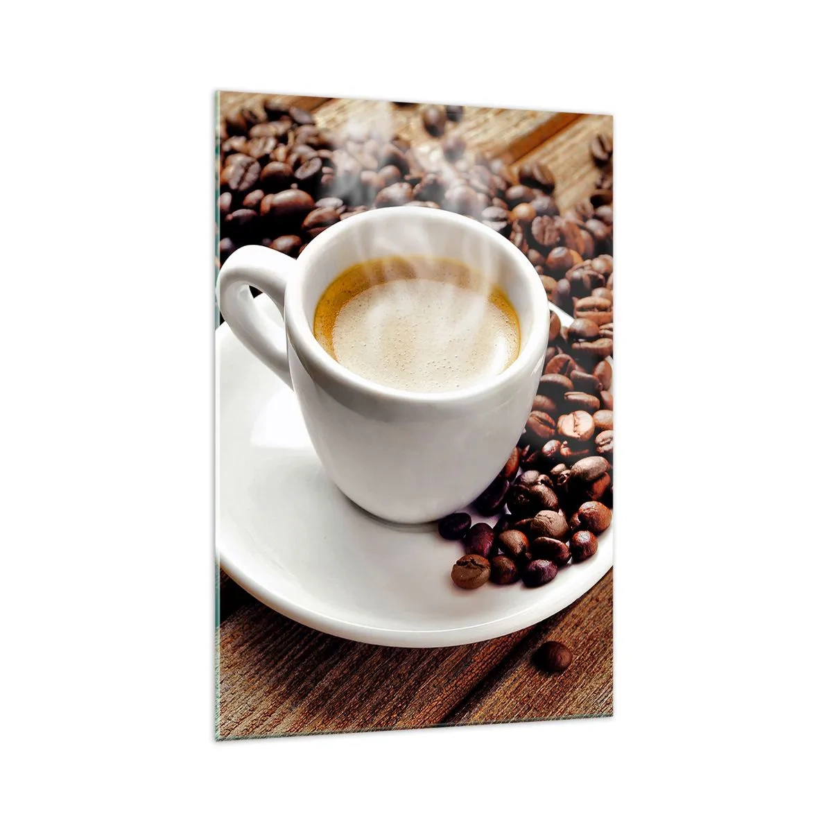 Glasbild - Bild auf glas - Eine Tasse aromatischen Kaffee vor dem Hintergrund von Bohnen und einem Blatt - 70x100cm - Kaffee auf der Bank - Moderne Wanddekoration für Wohnzimmer und Schlafzimmer ARTTOR