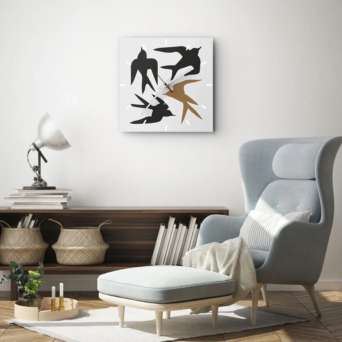 Wanduhr - Glasuhr - Silhouetten von Schwalben in Schwarz und Gold - 30x30cm - Schwalbenspaß - Moderne Wanddekoration für Wohnzimmer und Schlafzimmer ARTTOR