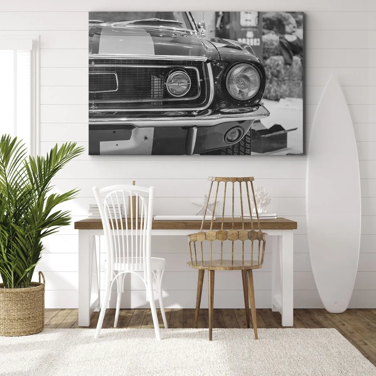 Bild auf Leinwand - Leinwandbild - Schwarz-weiße Motorhaube eines Oldtimers - 120x80cm - Wilder Ritt - Moderne Wanddekoration für Wohnzimmer und Schlafzimmer ARTTOR