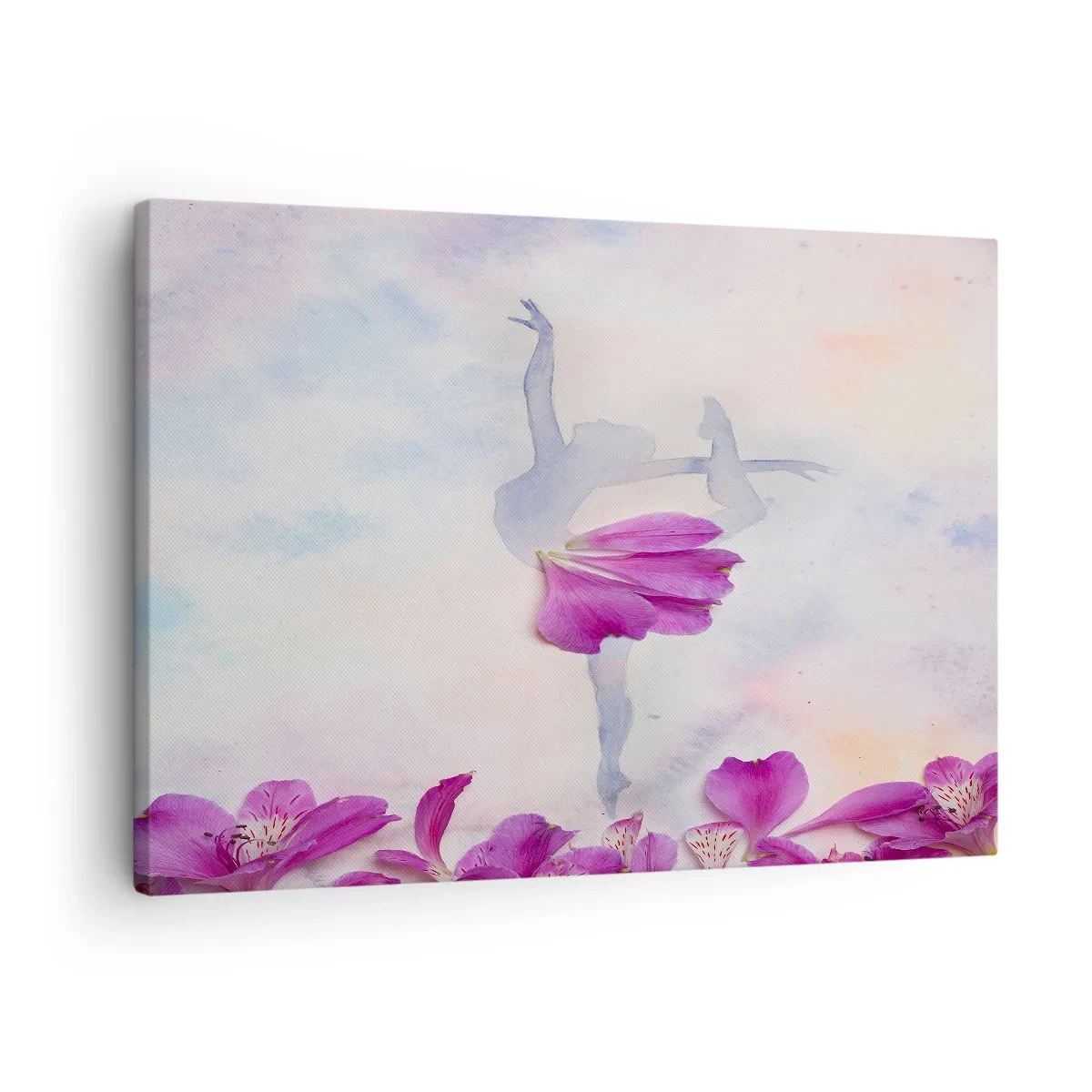 Bild auf Leinwand - Leinwandbild - Eine Tänzerin in einem Blütenblattkleid vor einem pastellfarbenen Hintergrund. - 70x50cm - Zart wie eine Blume - Moderne Wanddekoration für Wohnzimmer und Schlafzimmer ARTTOR