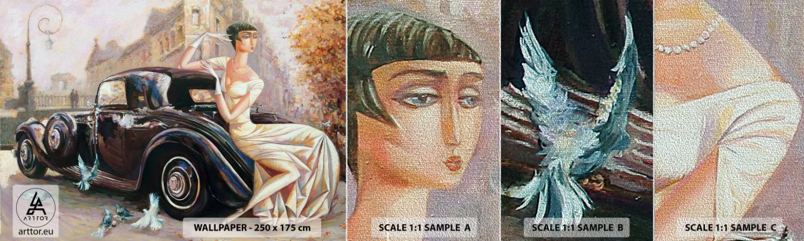 Fototapeten Muster Premium Sand - Eleganz im Retro-Stil - Retro-Auto, Frau, Palast - 100x30 cm