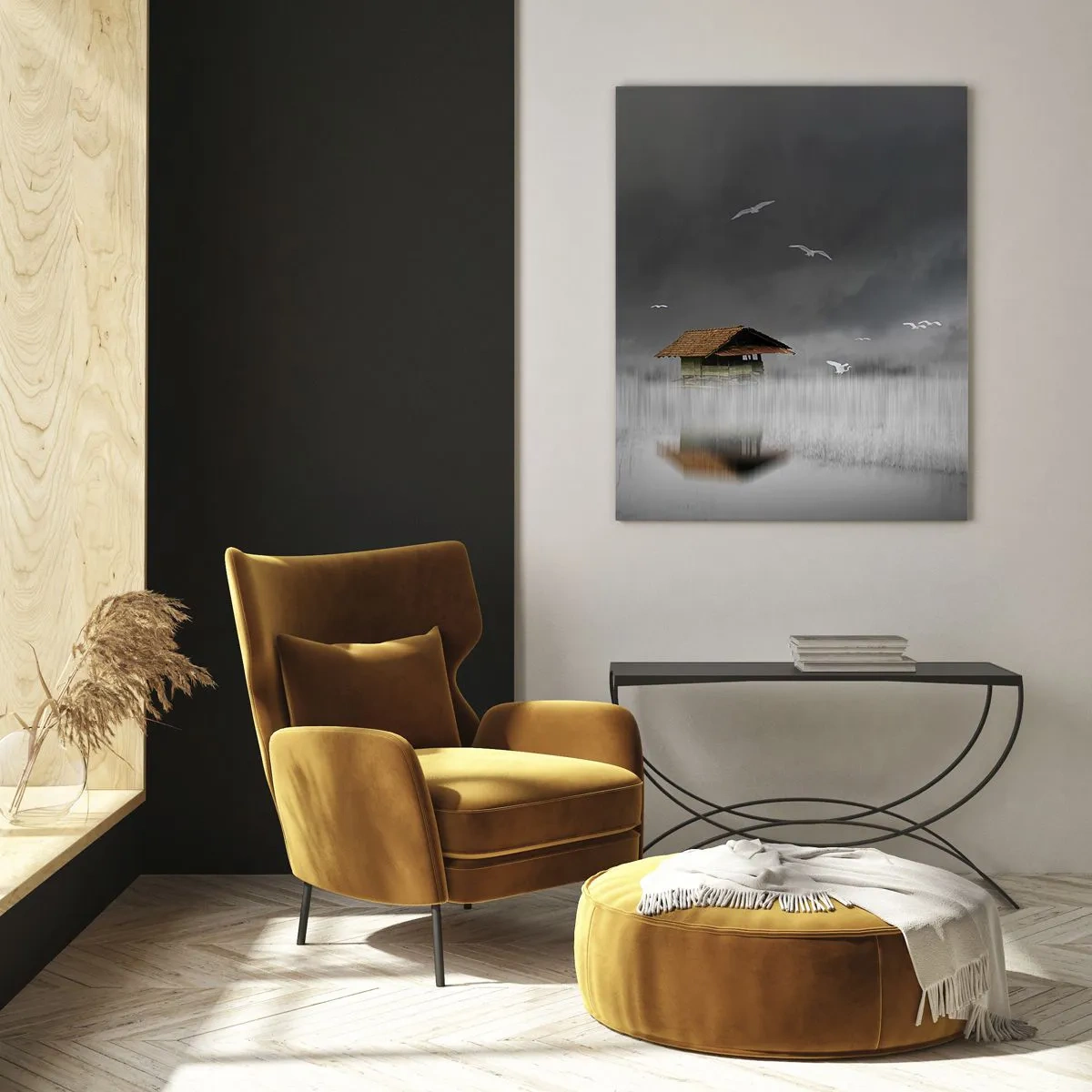 Glasbild - Bild auf glas - Ein Haus auf dem Wasser im Nebel mit fliegenden Vögeln - 50x70cm - Schutz vor Regen - Moderne Wanddekoration für Wohnzimmer und Schlafzimmer ARTTOR