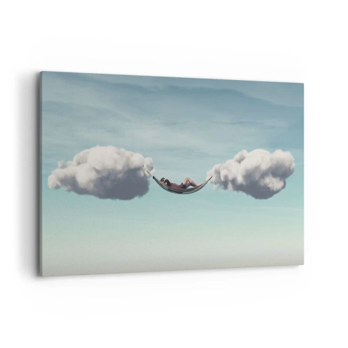 Bild auf Leinwand - Leinwandbild - Eine Person entspannt in einer Hängematte in den Wolken - 100x70cm - Die Behaglichkeit des Augenblicks - Moderne Wanddekoration für Wohnzimmer und Schlafzimmer ARTTOR