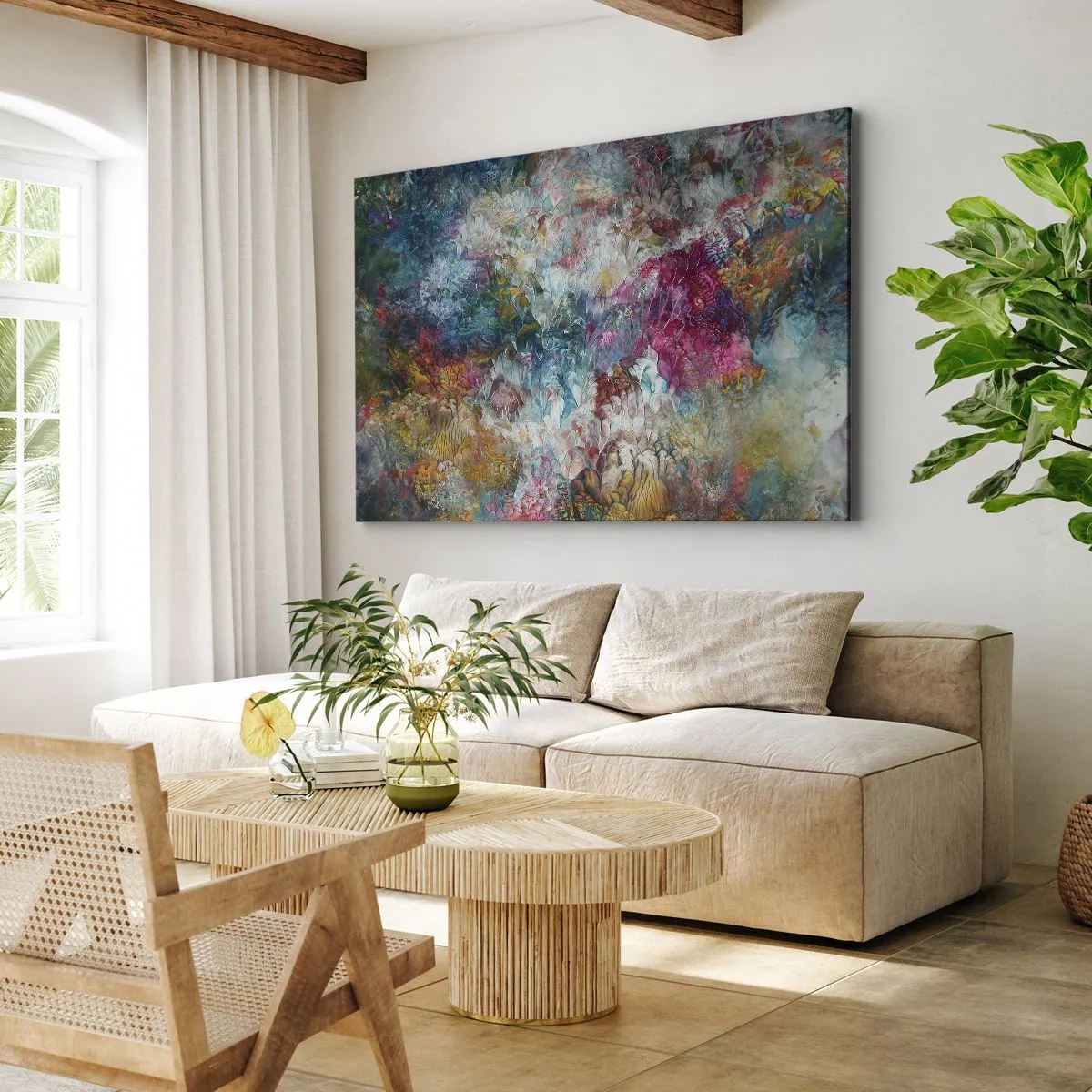 Bild auf Leinwand - Leinwandbild - Eine farbenfrohe Abstraktion, die an blühende Blumen erinnert - 100x70cm - In voller Blüte - Moderne Wanddekoration für Wohnzimmer und Schlafzimmer ARTTOR
