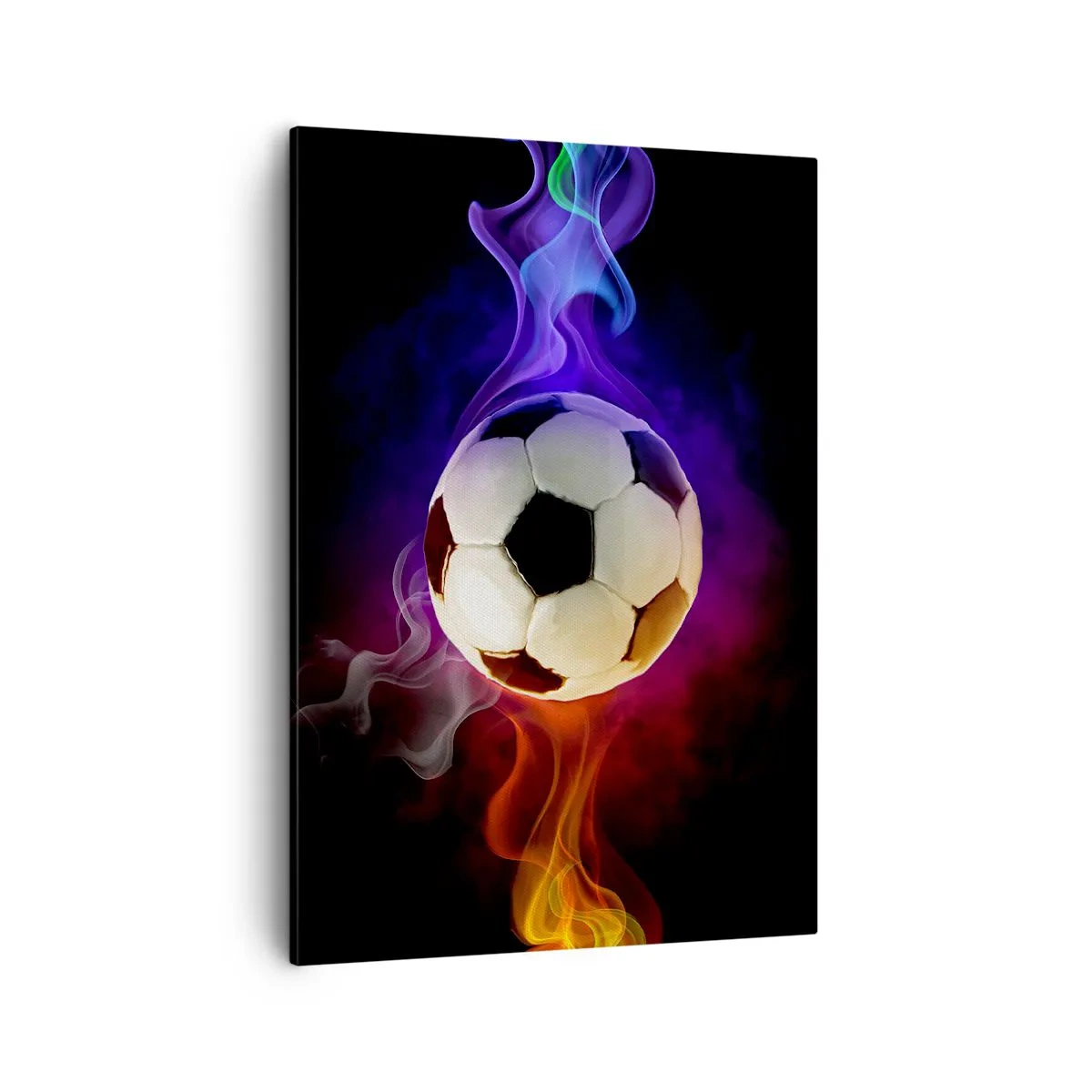 Bild auf Leinwand - Leinwandbild - Ein Fußball, umgeben von bunten Raucheffekten auf dunklem Hintergrund. - 50x70cm - Die magische Kraft des Spiels - Moderne Wanddekoration für Wohnzimmer und Schlafzimmer ARTTOR