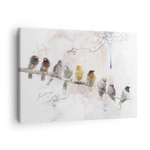 Bild auf Leinwand - Leinwandbild - Bunte Vögel auf einem Ast im Aquarellstil - 70x50cm - Geflügeltes Treffen - Moderne Wanddekoration für Wohnzimmer und Schlafzimmer ARTTOR