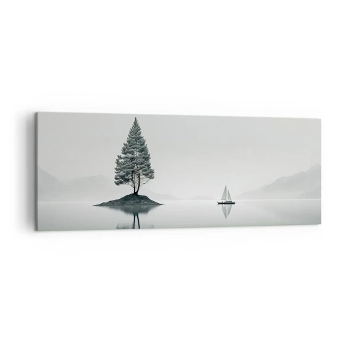 Bild auf Leinwand - Leinwandbild - Eine minimalistische Landschaft mit einem Baum auf einer Insel und einem Segelboot. - 140x50cm - Traum - Moderne Wanddekoration für Wohnzimmer und Schlafzimmer ARTTOR