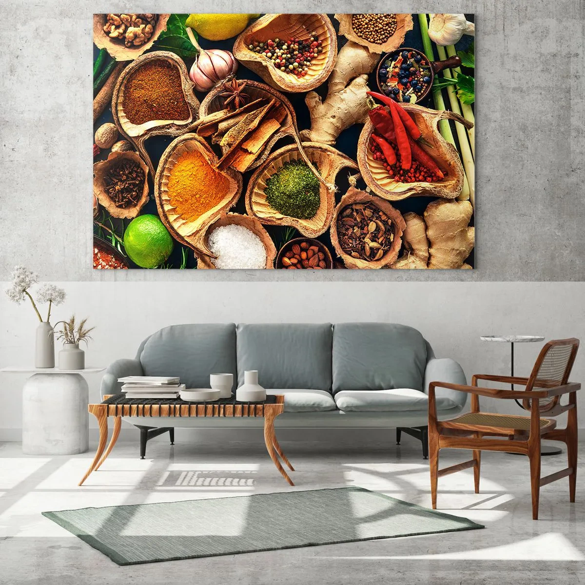 Glasbild - Bild auf glas - Bunte Gewürze in natürlichen Behältern mit Zusätzen - 70x50cm - Nimm was du willst - Moderne Wanddekoration für Wohnzimmer und Schlafzimmer ARTTOR