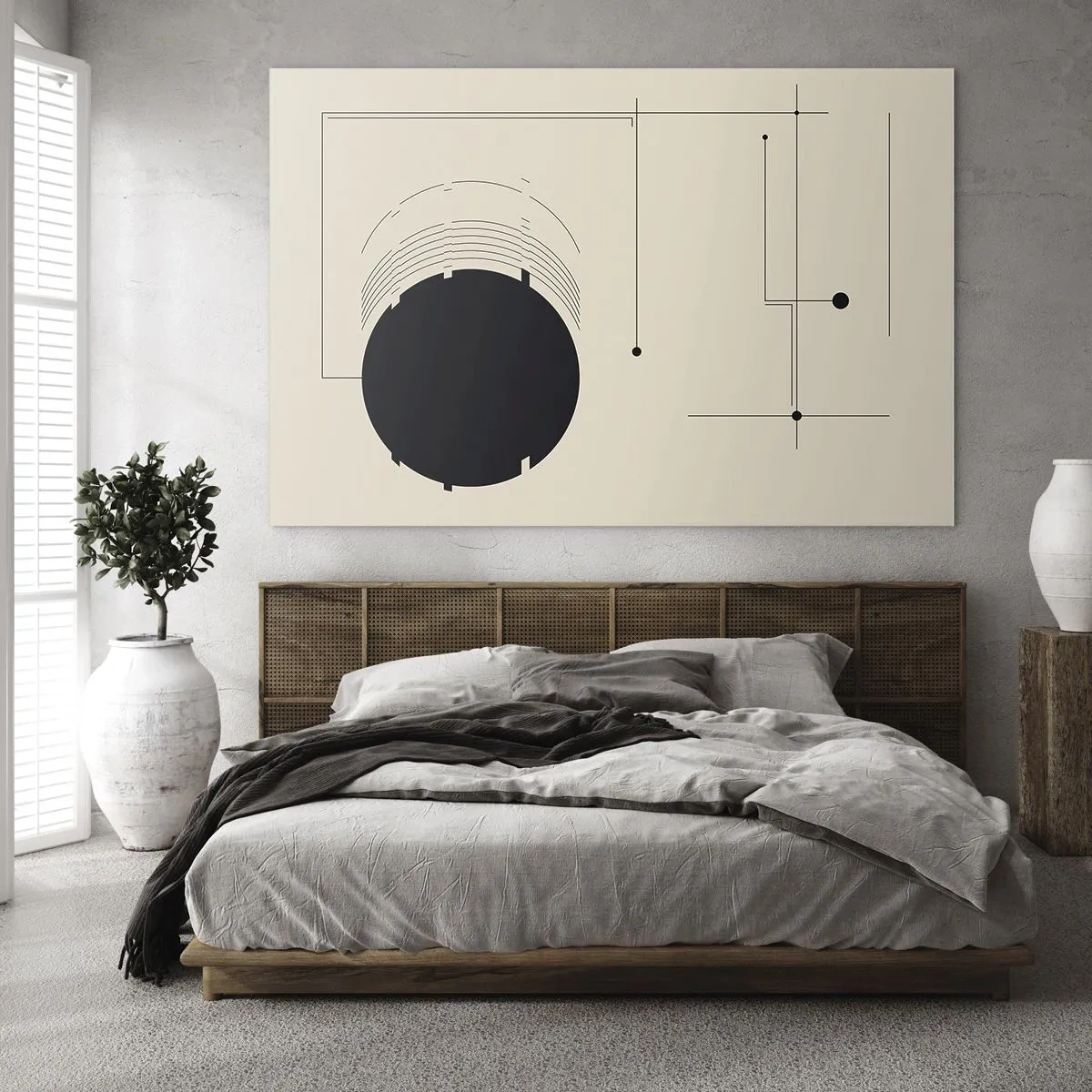 Glasbild - Bild auf glas - Abstrakte Komposition mit schwarzem Kreis und geometrischen Linien - 100x70cm - Flexible und dynamische Komposition - Moderne Wanddekoration für Wohnzimmer und Schlafzimmer ARTTOR