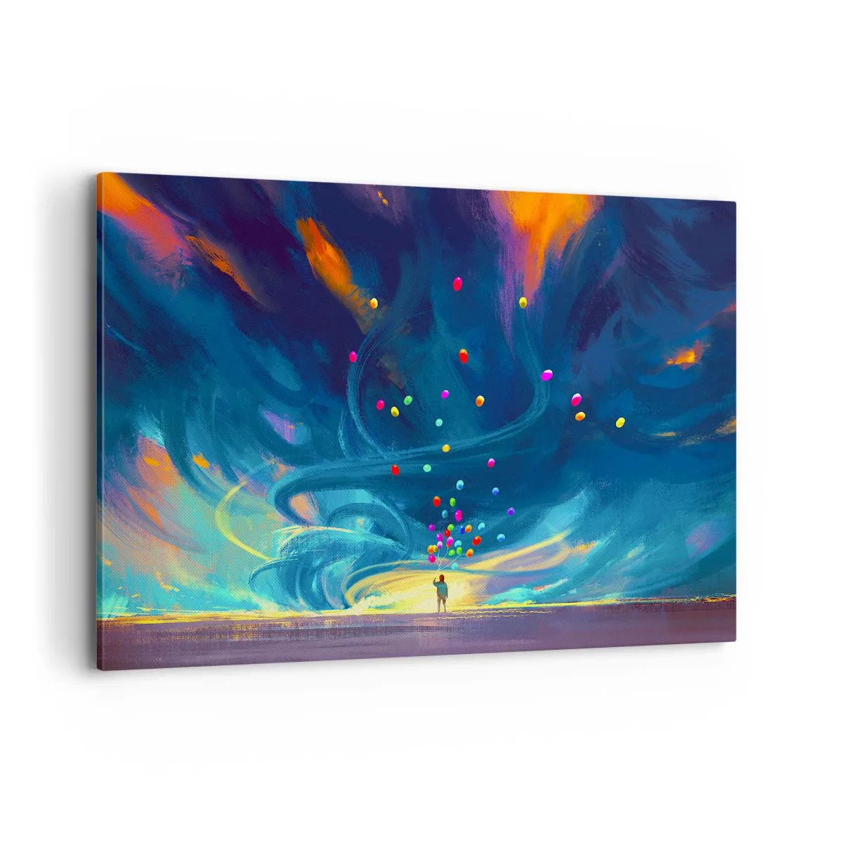 Bild auf Leinwand - Leinwandbild - Eine Figur mit Luftballons vor einem Hintergrund wirbelnder, bunter Wolken - 120x80cm - Zum blauen Wind - Moderne Wanddekoration für Wohnzimmer und Schlafzimmer ARTTOR