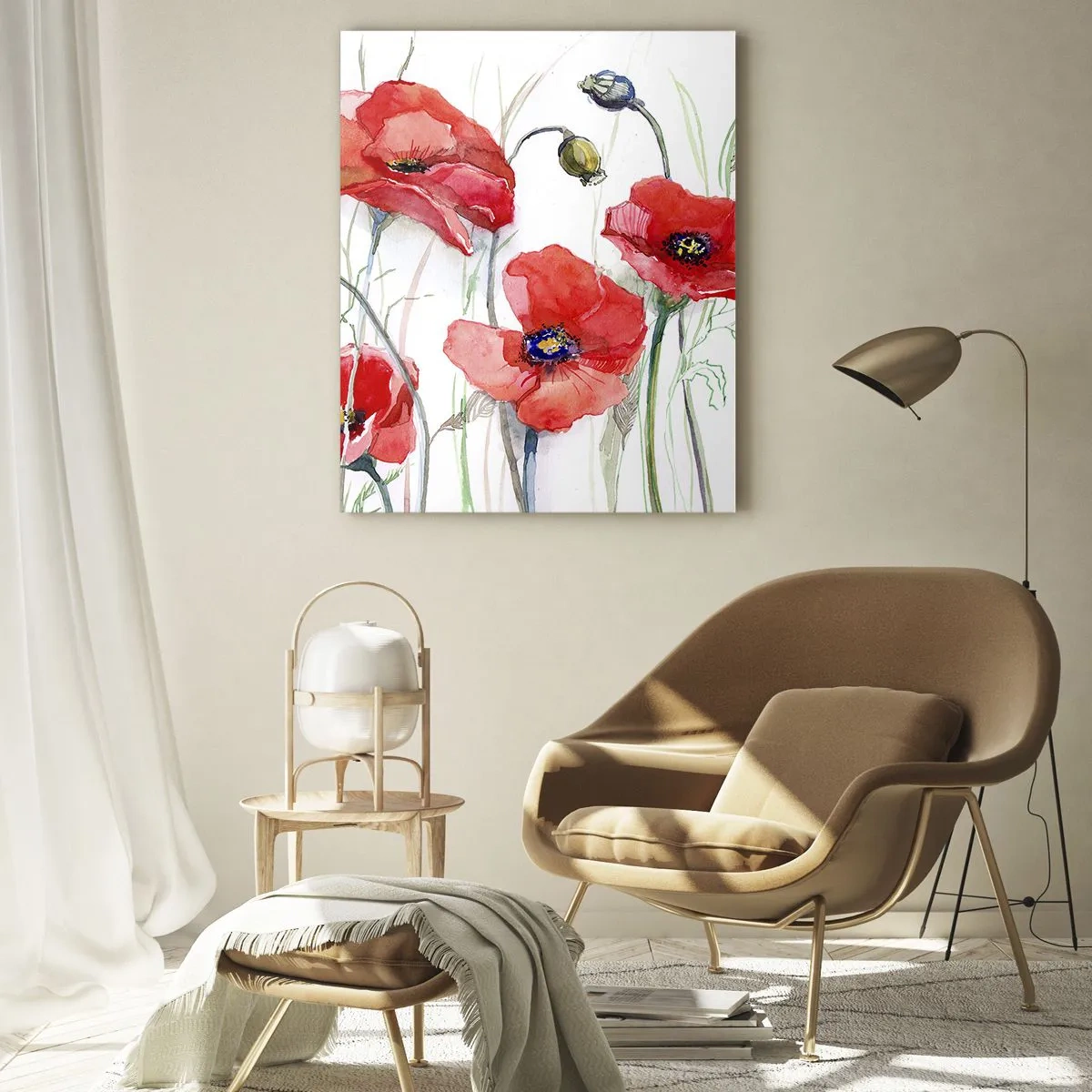 Glasbild - Bild auf glas - Aquarell-Mohnblumen auf zartem Hintergrund - 80x120cm - Polnische Blumen - Moderne Wanddekoration für Wohnzimmer und Schlafzimmer ARTTOR