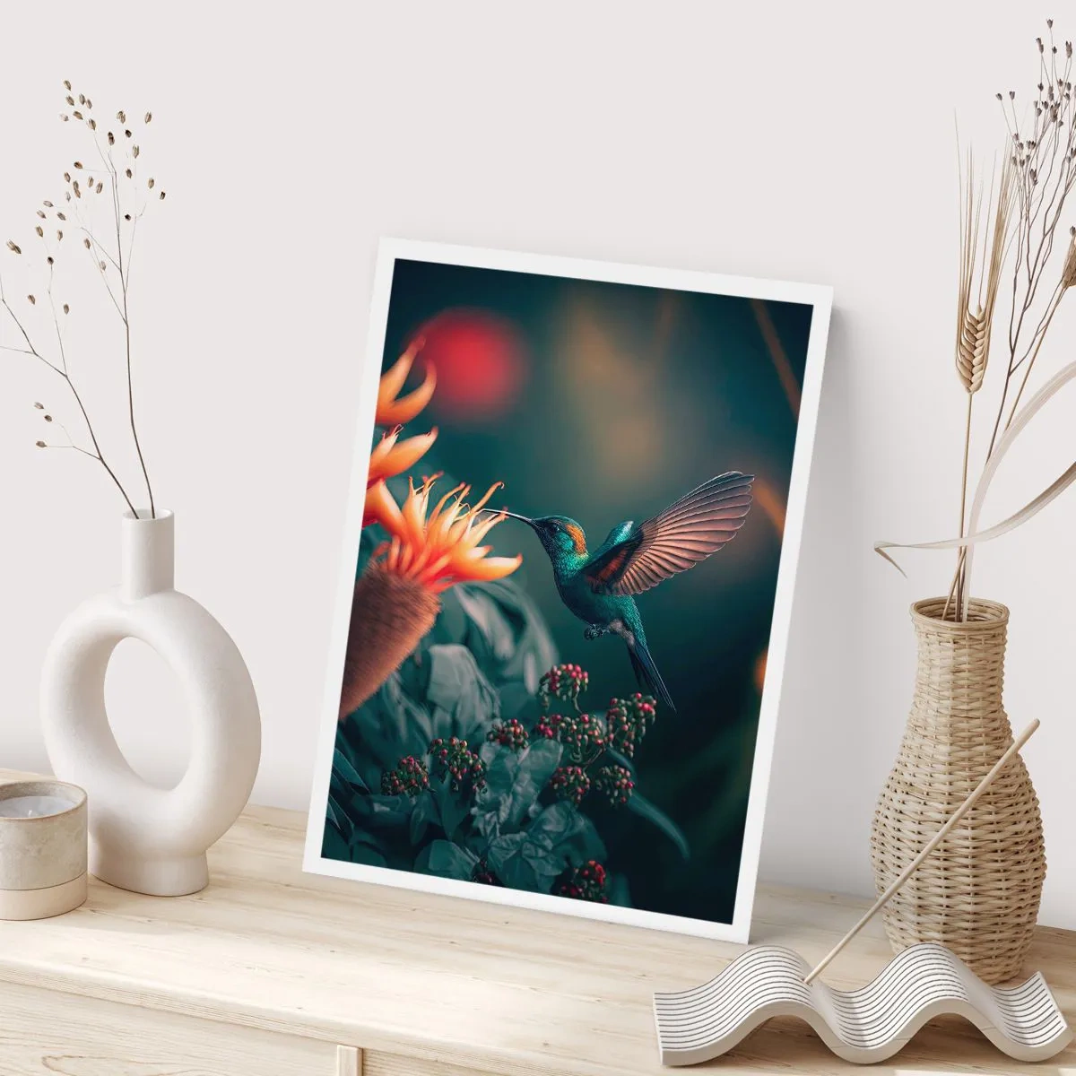 Poster - Ein bunter Kolibri in der Nähe von Blumen im Grünen - 50x70cm - Wirklich buntes Leben - Moderne Wanddekoration für Wohnzimmer und Schlafzimmer ARTTOR