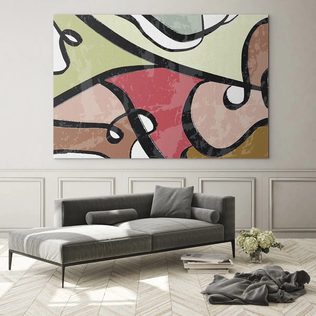 Glasbild - Bild auf glas - Bunte Abstraktion mit schwarzen Linien - 70x50cm - Pirouetten unter Farben - Moderne Wanddekoration für Wohnzimmer und Schlafzimmer ARTTOR