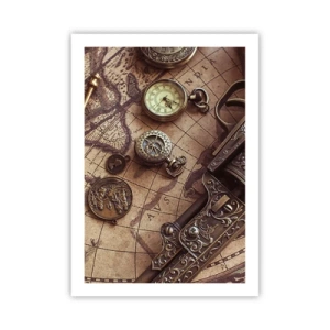Poster - Ein Kompass, eine Karte und altmodische Gegenstände, die Abenteuer symbolisieren - 50x70cm - Das Abenteuer ruft - Moderne Wanddekoration für Wohnzimmer und Schlafzimmer ARTTOR