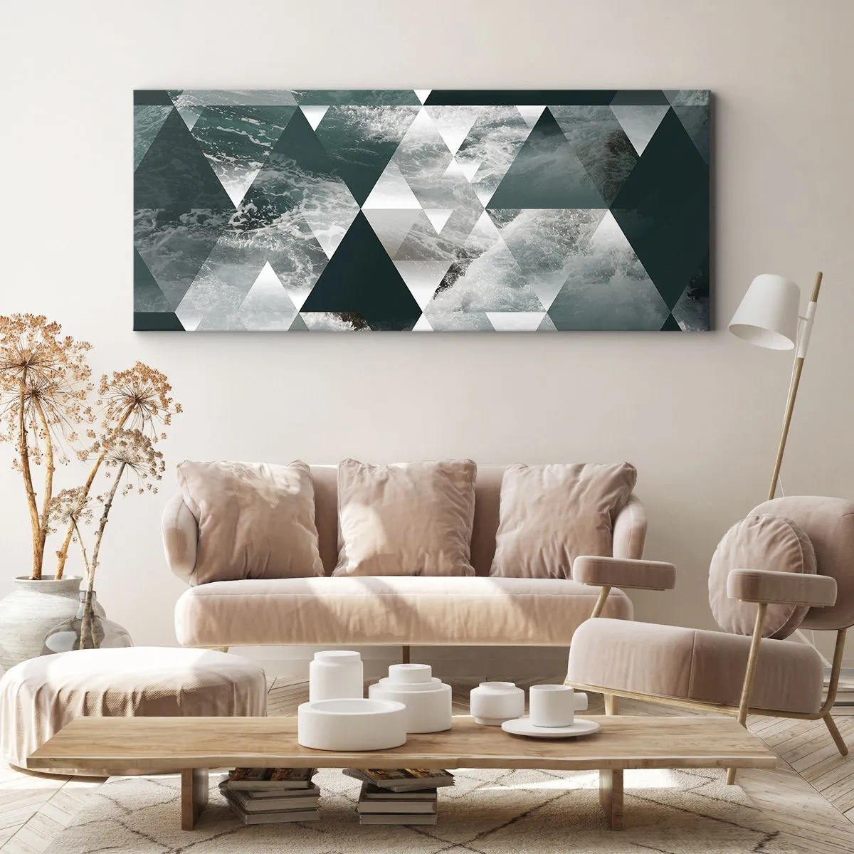 Bild auf Leinwand - Leinwandbild - Geometrisches Muster mit Wellenmotiv in Grüntönen - 120x50cm - Kristallperspektive - Moderne Wanddekoration für Wohnzimmer und Schlafzimmer ARTTOR