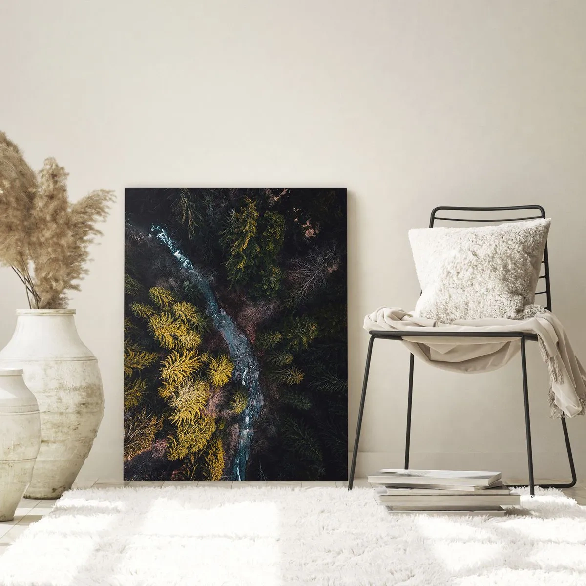 Glasbild - Bild auf glas - Ein Blick von oben auf einen Wald mit einem gewundenen Fluss - 80x120cm - Schnell und immer schneller - Moderne Wanddekoration für Wohnzimmer und Schlafzimmer ARTTOR