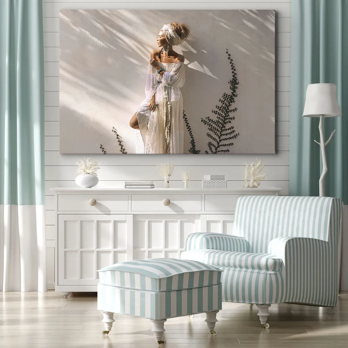 Bild auf Leinwand - Leinwandbild - Eine Frau im Boho-Stil, beleuchtet von den Sonnenstrahlen - 70x50cm - Die Sonne und das Mädchen - Moderne Wanddekoration für Wohnzimmer und Schlafzimmer ARTTOR