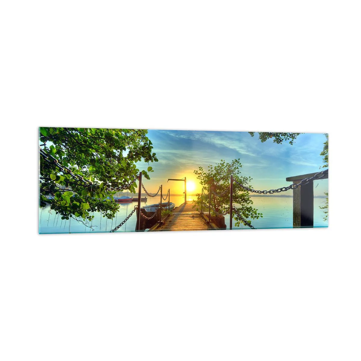 Glasbild - Bild auf glas - Ein Pier über dem See in den Strahlen des Sonnenuntergangs - 160x50cm - Westen auf dem Wasser - Moderne Wanddekoration für Wohnzimmer und Schlafzimmer ARTTOR