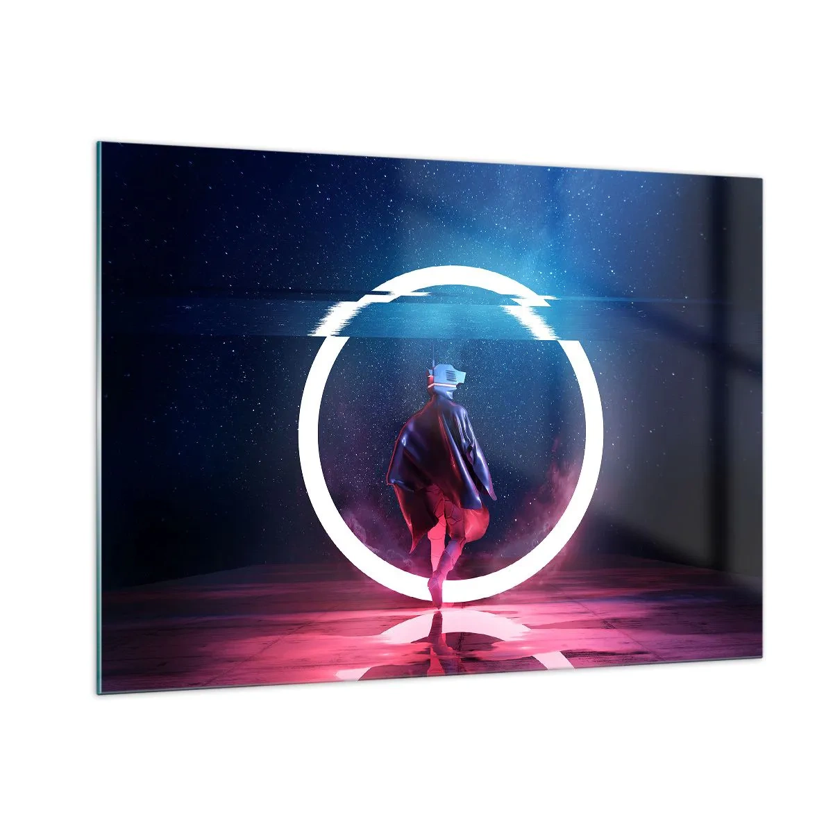 Glasbild - Bild auf glas - Eine Figur in futuristischem Setting mit Neonring - 100x70cm - Zwischen den Welten - Moderne Wanddekoration für Wohnzimmer und Schlafzimmer ARTTOR