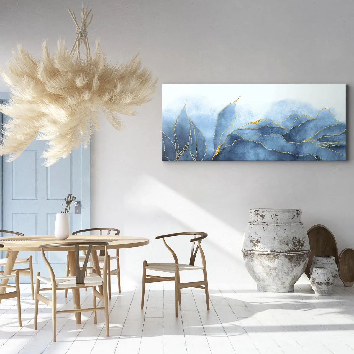 Bild auf Leinwand - Leinwandbild - Abstrakte Wellen in Blautönen mit goldenen Akzenten - 120x50cm - Blau im Gold - Moderne Wanddekoration für Wohnzimmer und Schlafzimmer ARTTOR