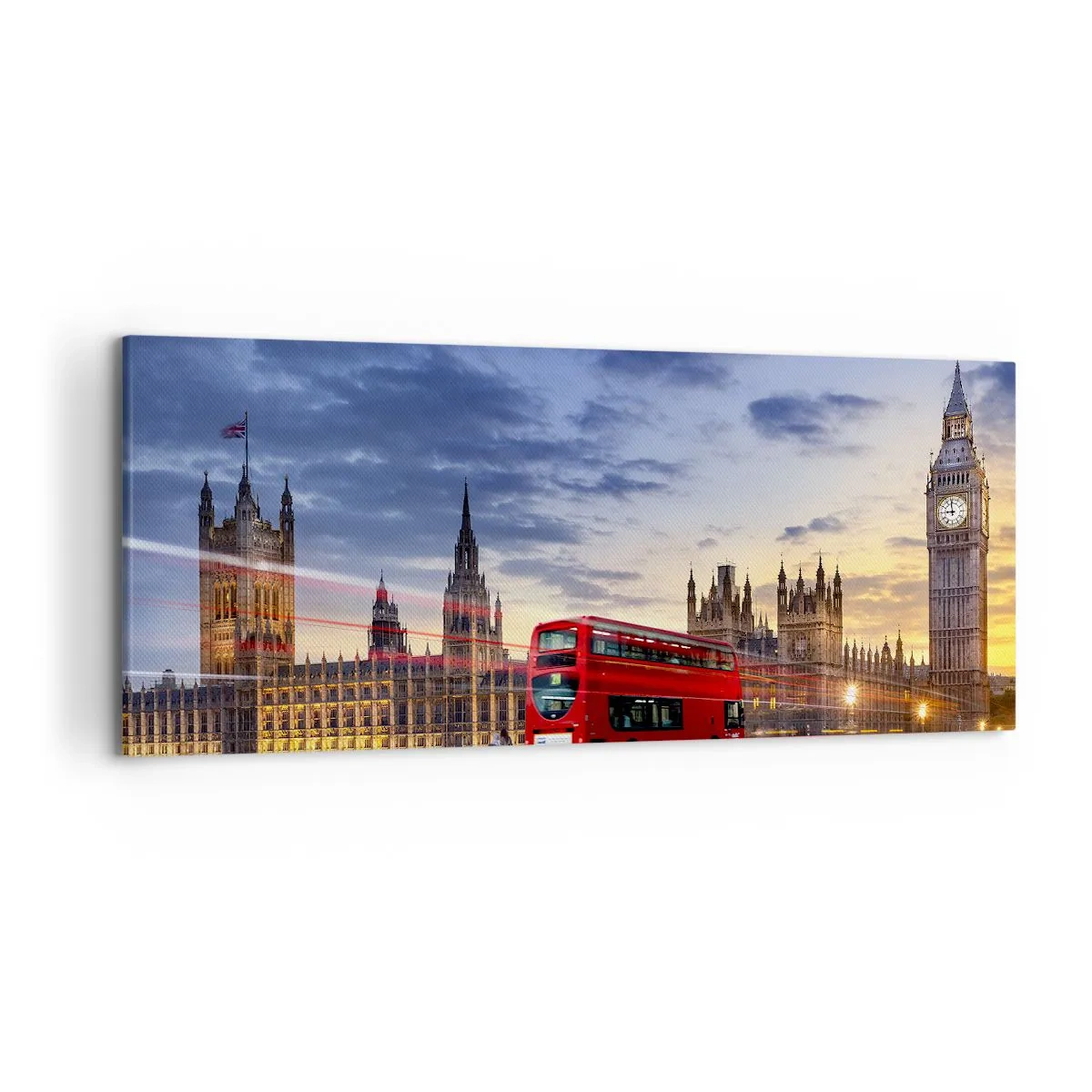 Bild auf Leinwand - Leinwandbild - Ein roter Bus mit Big Ben und den Houses of Parliament im Hintergrund in der Abenddämmerung. - 120x50cm - Spezielle Charaktere - Moderne Wanddekoration für Wohnzimmer und Schlafzimmer ARTTOR
