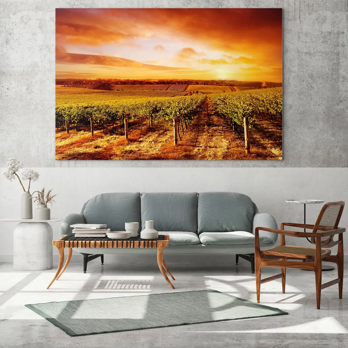 Glasbild - Bild auf glas - Weinreben auf einem Feld bei Sonnenuntergang - 70x50cm - Leicht fruchtig mit einem Hauch Sonnenschein - Moderne Wanddekoration für Wohnzimmer und Schlafzimmer ARTTOR