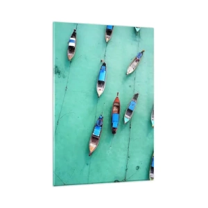 Glasbild - Bild auf glas - Boote auf türkisfarbenem Wasser aus der Vogelperspektive - 80x120cm - In freudiger Erwartung - Moderne Wanddekoration für Wohnzimmer und Schlafzimmer ARTTOR