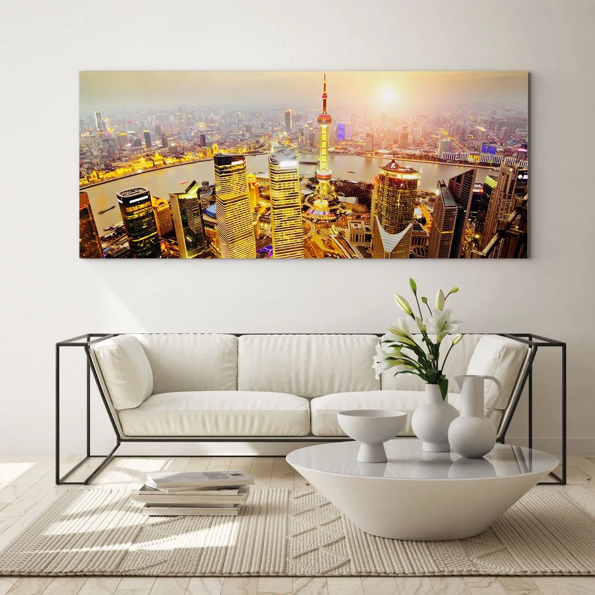 Glasbild - Bild auf glas - Stadtpanorama mit Wolkenkratzern bei Sonnenuntergang - 160x50cm - Asiatischer Traum - Moderne Wanddekoration für Wohnzimmer und Schlafzimmer ARTTOR