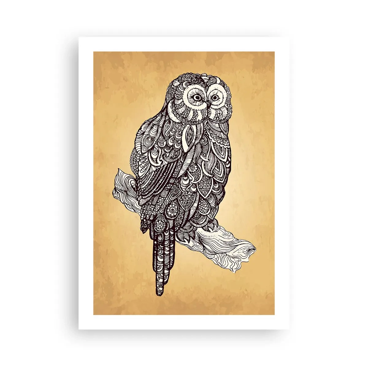 Poster - Eine stilisierte Eule in ornamentalem Muster auf beigem Hintergrund. - 50x70cm - Kunstvolle Ornamente der Weisheit - Moderne Wanddekoration für Wohnzimmer und Schlafzimmer ARTTOR
