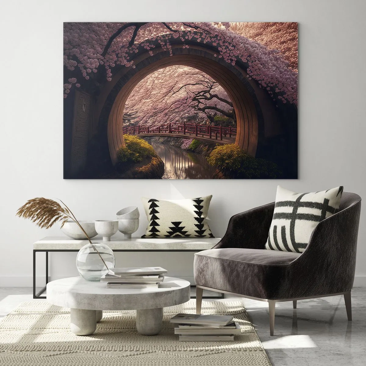 Glasbild - Bild auf glas - Kirschblüten und eine japanische Brücke durch das runde Tor gesehen - 70x50cm - Japanischer Frühling - Moderne Wanddekoration für Wohnzimmer und Schlafzimmer ARTTOR