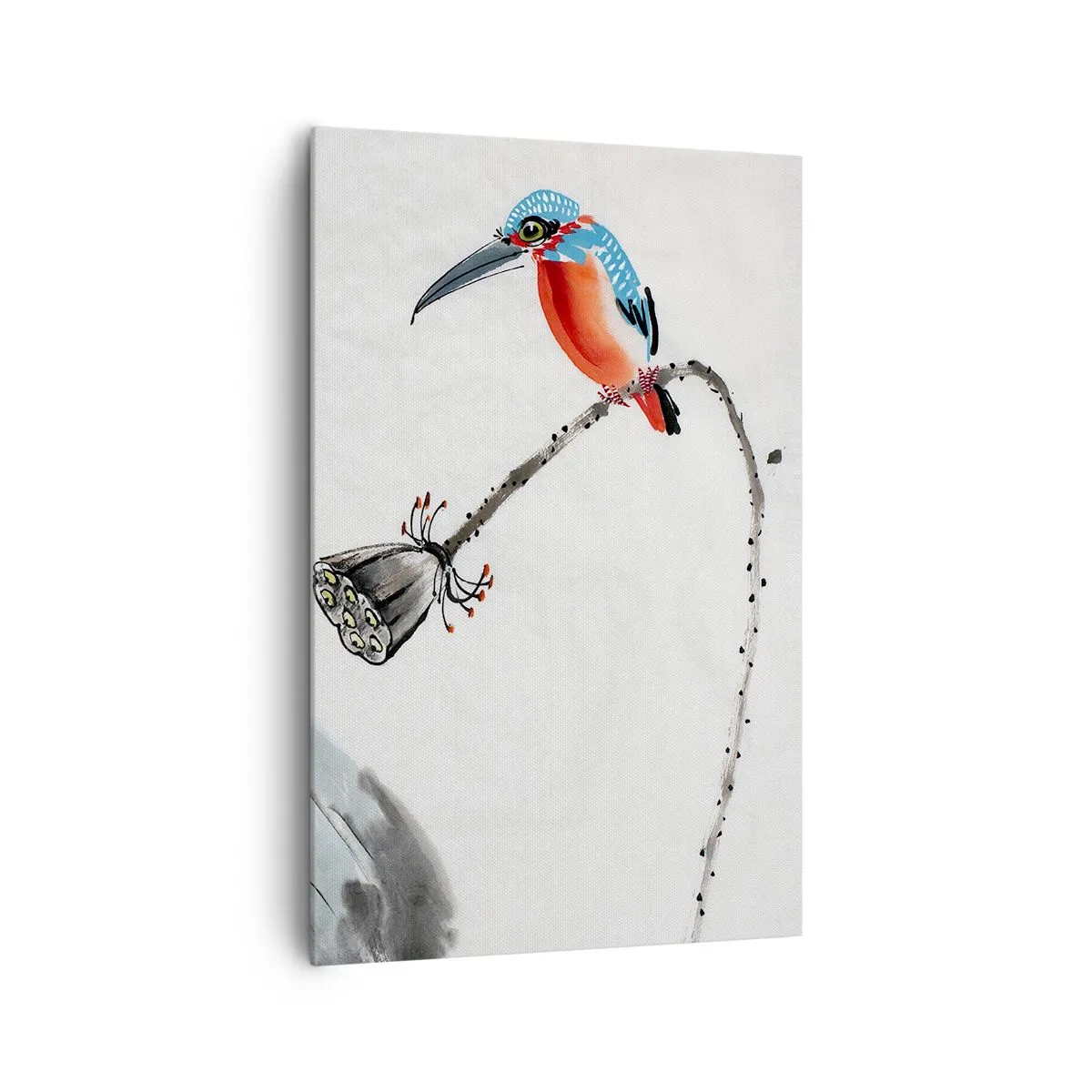Bild auf Leinwand - Leinwandbild - Ein bunter Vogel vor einem Hintergrund aus Vegetation und einer Libelle - 80x120cm - Das Leben der Wiese - Moderne Wanddekoration für Wohnzimmer und Schlafzimmer ARTTOR