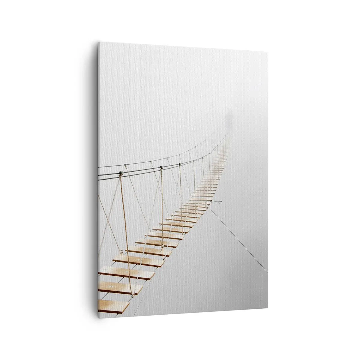 Bild auf Leinwand - Leinwandbild - Eine Hängebrücke im Nebel aus minimalistischer Perspektive - 70x100cm - Wohin wird es dich führen? - Moderne Wanddekoration für Wohnzimmer und Schlafzimmer ARTTOR