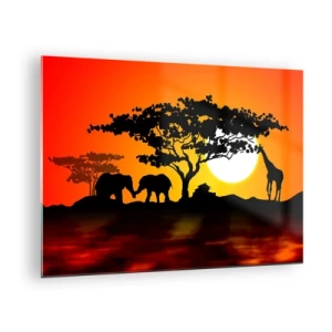 Glasbild - Bild auf glas - Afrikanische Landschaft mit Bäumen und Tieren bei Sonnenuntergang - 70x50cm - Treffen in der Savanne - Moderne Wanddekoration für Wohnzimmer und Schlafzimmer ARTTOR