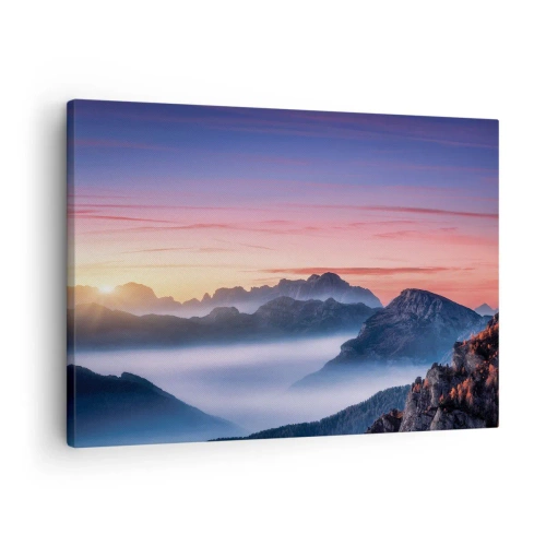 Bild auf Leinwand - Leinwandbild - Berglandschaft bei Sonnenaufgang mit Nebel in den Tälern - 70x50cm - Über die Täler - Moderne Wanddekoration für Wohnzimmer und Schlafzimmer ARTTOR
