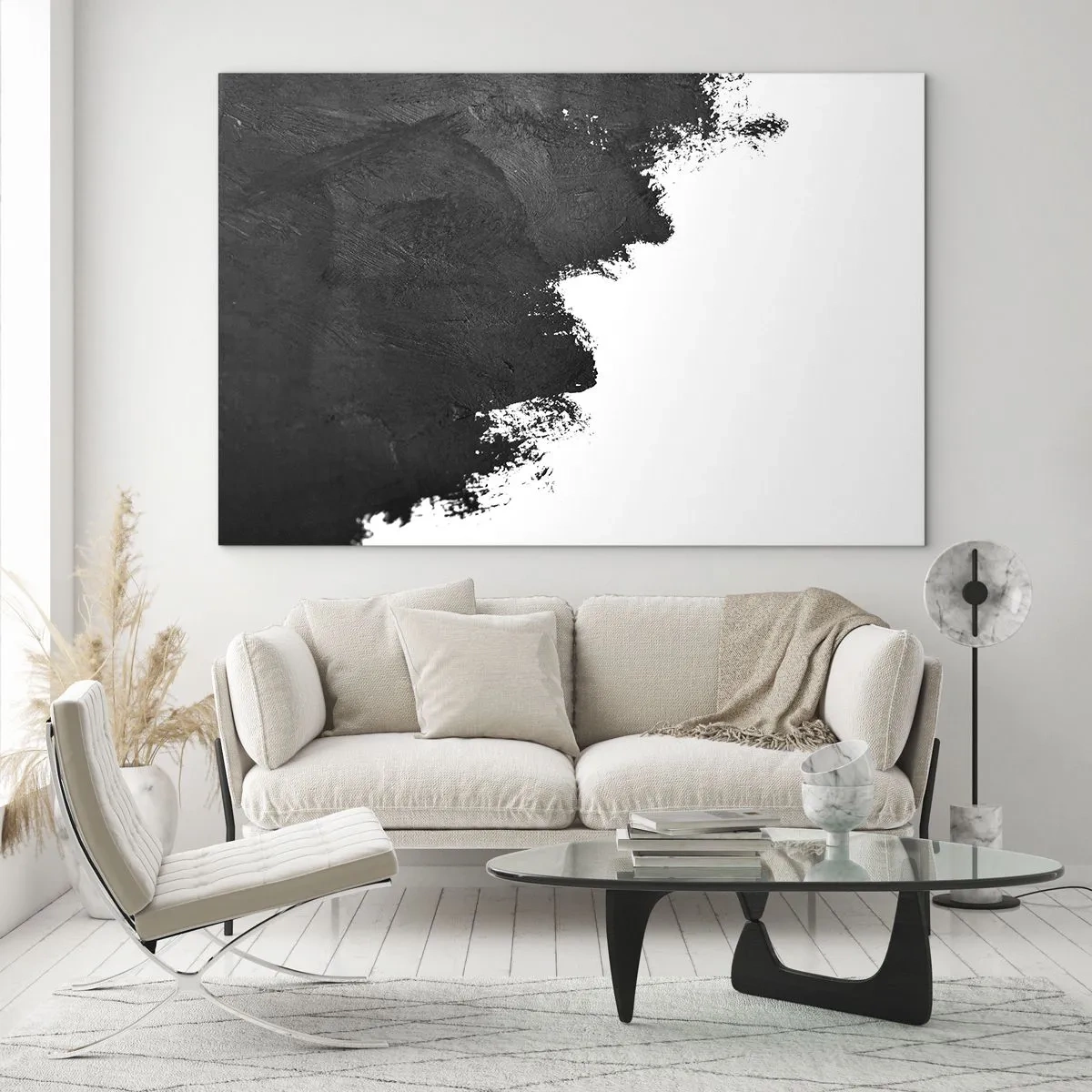 Glasbild - Bild auf glas - Schwarze Farbstruktur auf weißem Hintergrund im minimalistischen Stil - 100x70cm - Elemente: Erde - Moderne Wanddekoration für Wohnzimmer und Schlafzimmer ARTTOR