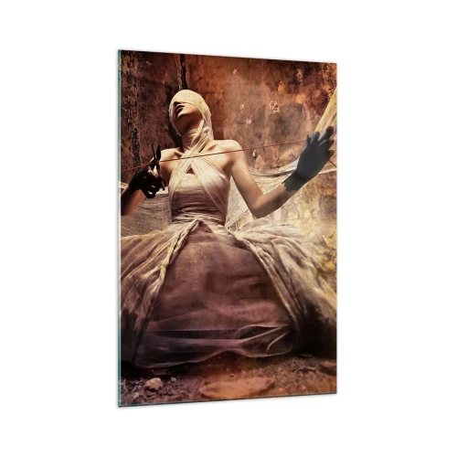 Glasbild - Bild auf glas - Eine Frau in einem Kleid mit bedecktem Gesicht und einer Schere in den Händen - 70x100cm - Göttin des Schicksals - Moderne Wanddekoration für Wohnzimmer und Schlafzimmer ARTTOR